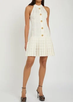 Checked pleated stretch-knit mini dress