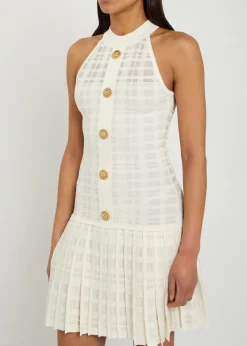 Checked pleated stretch-knit mini dress