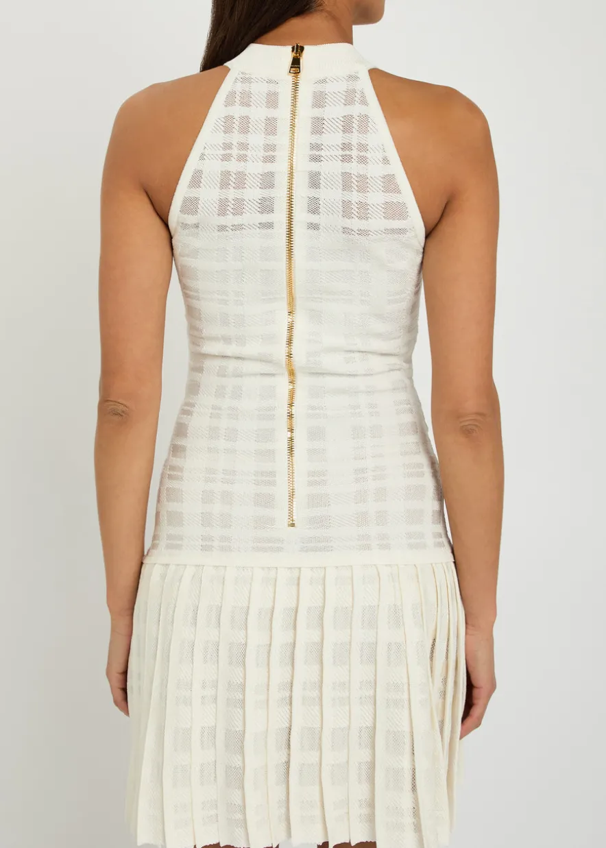 Checked pleated stretch-knit mini dress