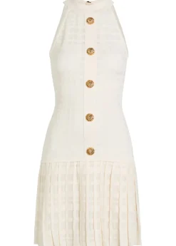 Checked pleated stretch-knit mini dress