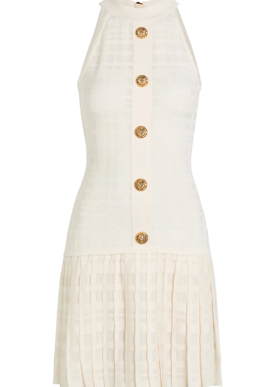 Checked pleated stretch-knit mini dress