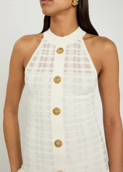 Checked pleated stretch-knit mini dress