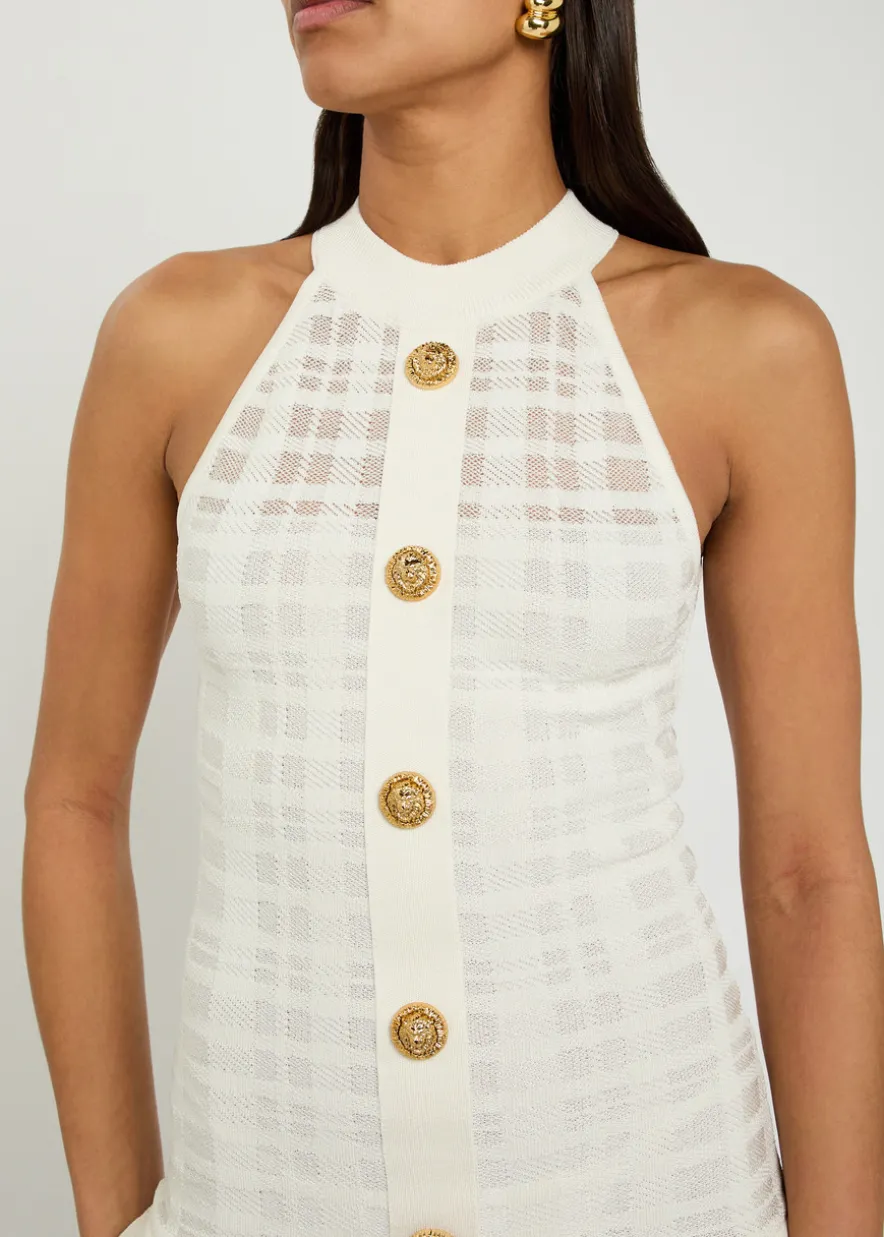 Checked pleated stretch-knit mini dress