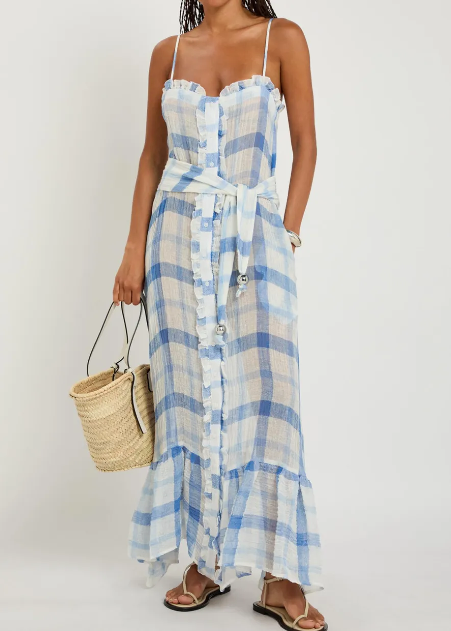 Checked ruffled linen-blend maxi dress