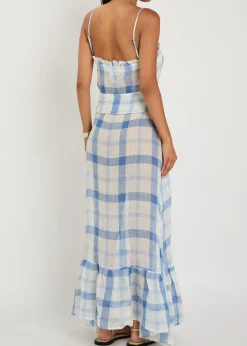 Checked ruffled linen-blend maxi dress