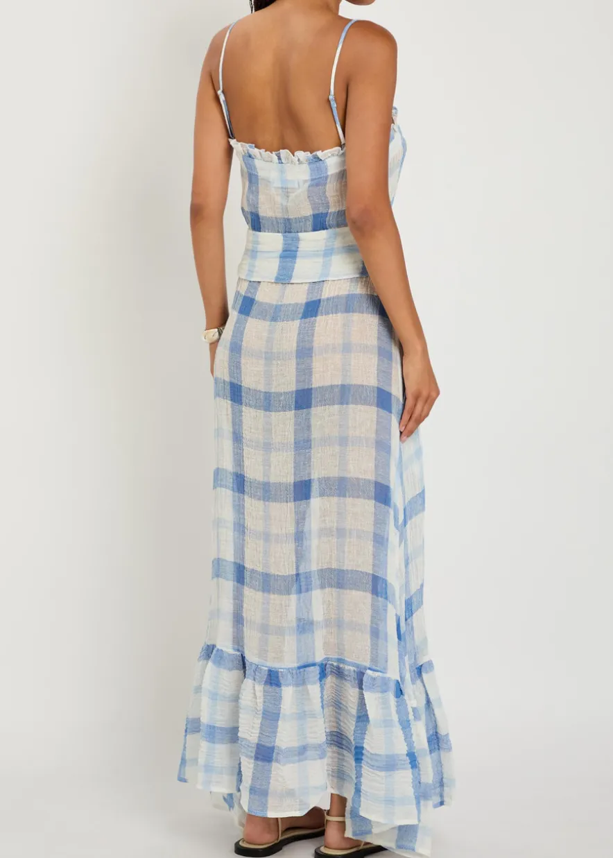 Checked ruffled linen-blend maxi dress