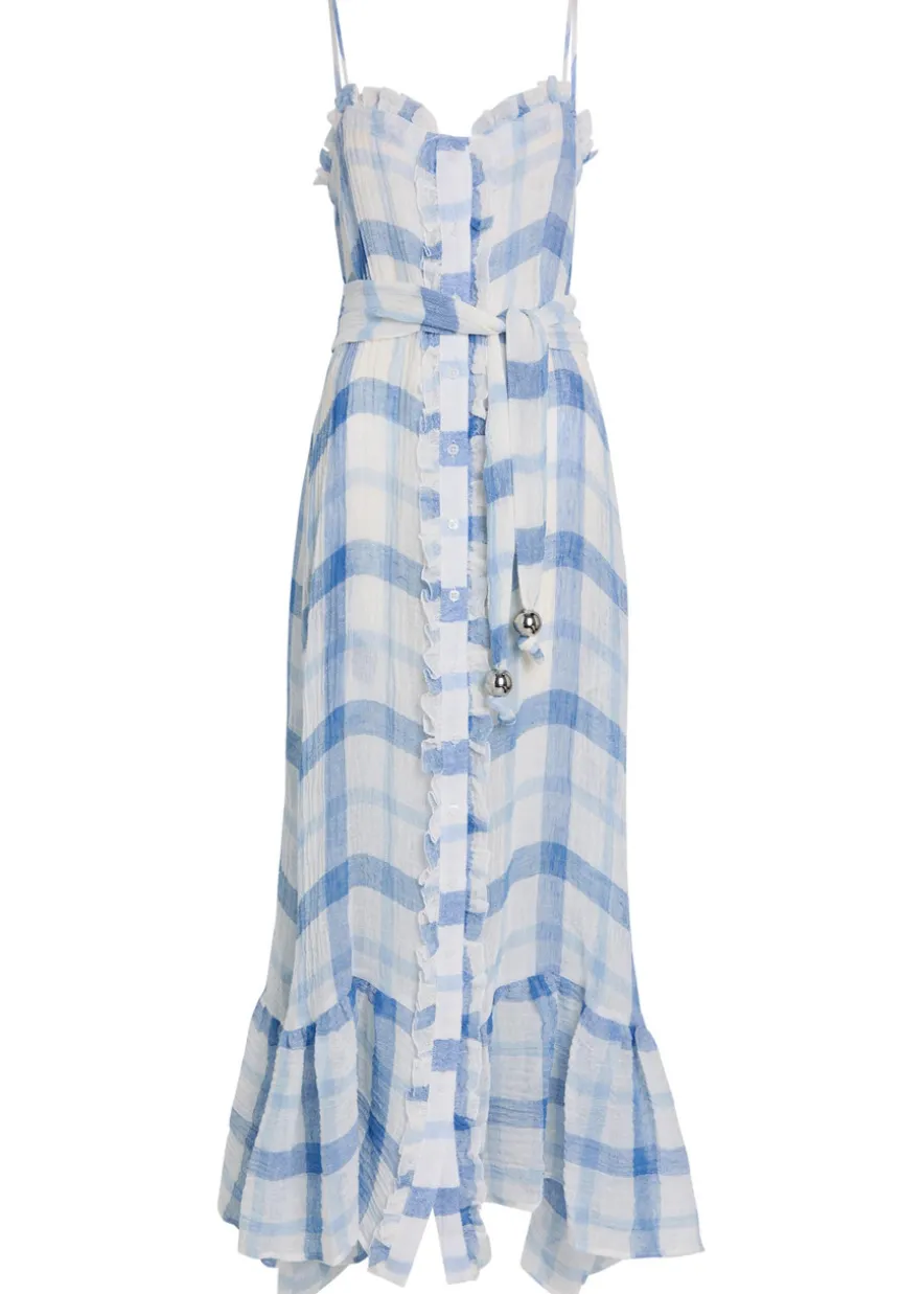 Checked ruffled linen-blend maxi dress