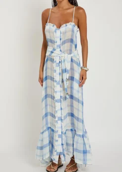 Checked ruffled linen-blend maxi dress
