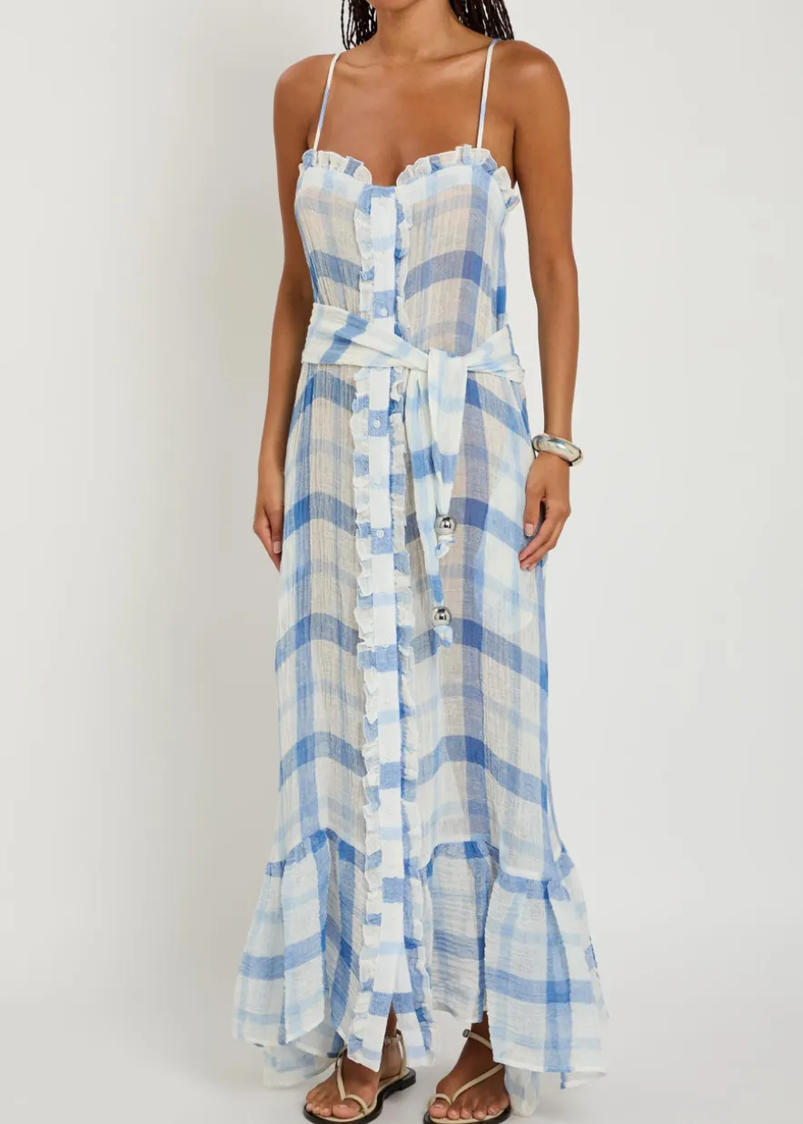 Checked ruffled linen-blend maxi dress