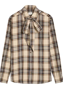 Checked tie-neck cotton-blend shirt
