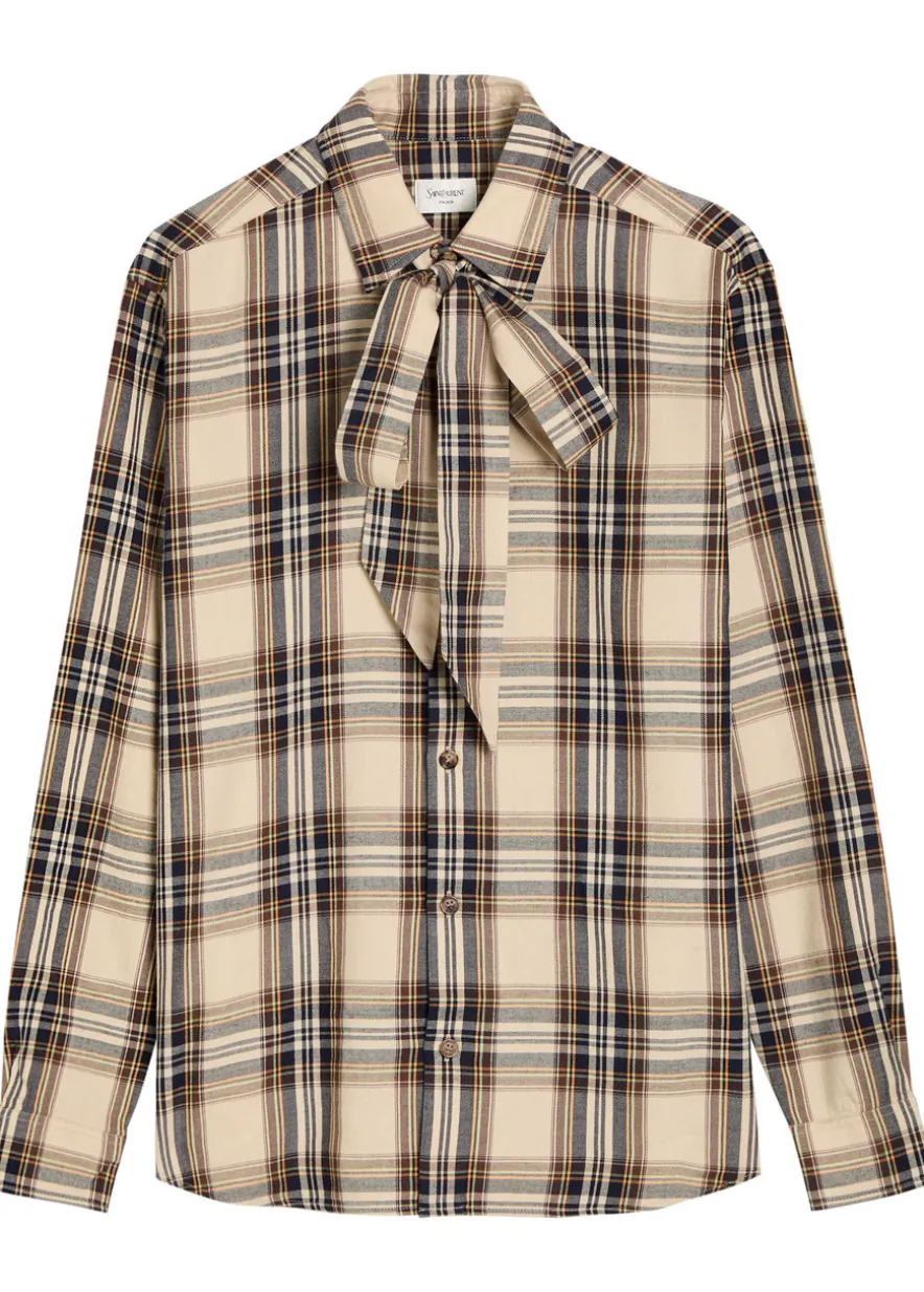 Checked tie-neck cotton-blend shirt