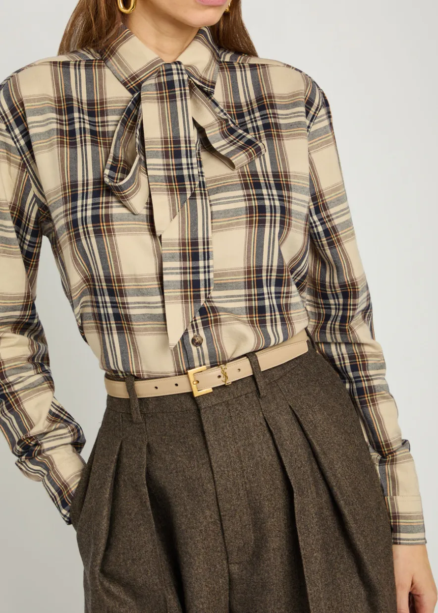 Checked tie-neck cotton-blend shirt