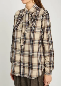 Checked tie-neck cotton-blend shirt