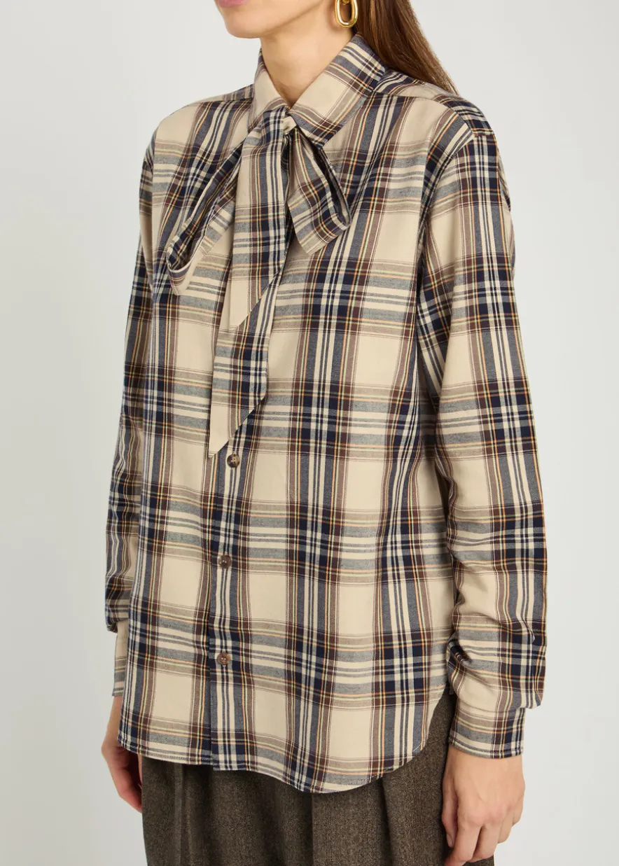 Checked tie-neck cotton-blend shirt