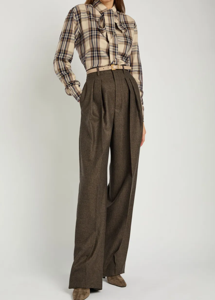 Checked tie-neck cotton-blend shirt
