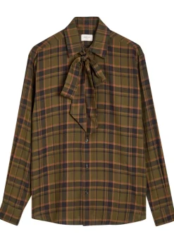 Checked tie-neck cotton shirt