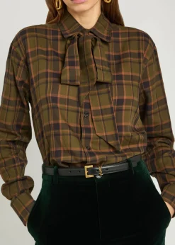 Checked tie-neck cotton shirt