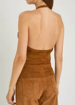 Cherry halterneck stretch-suede top