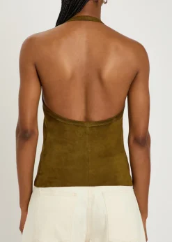 Cherry halterneck stretch-suede top