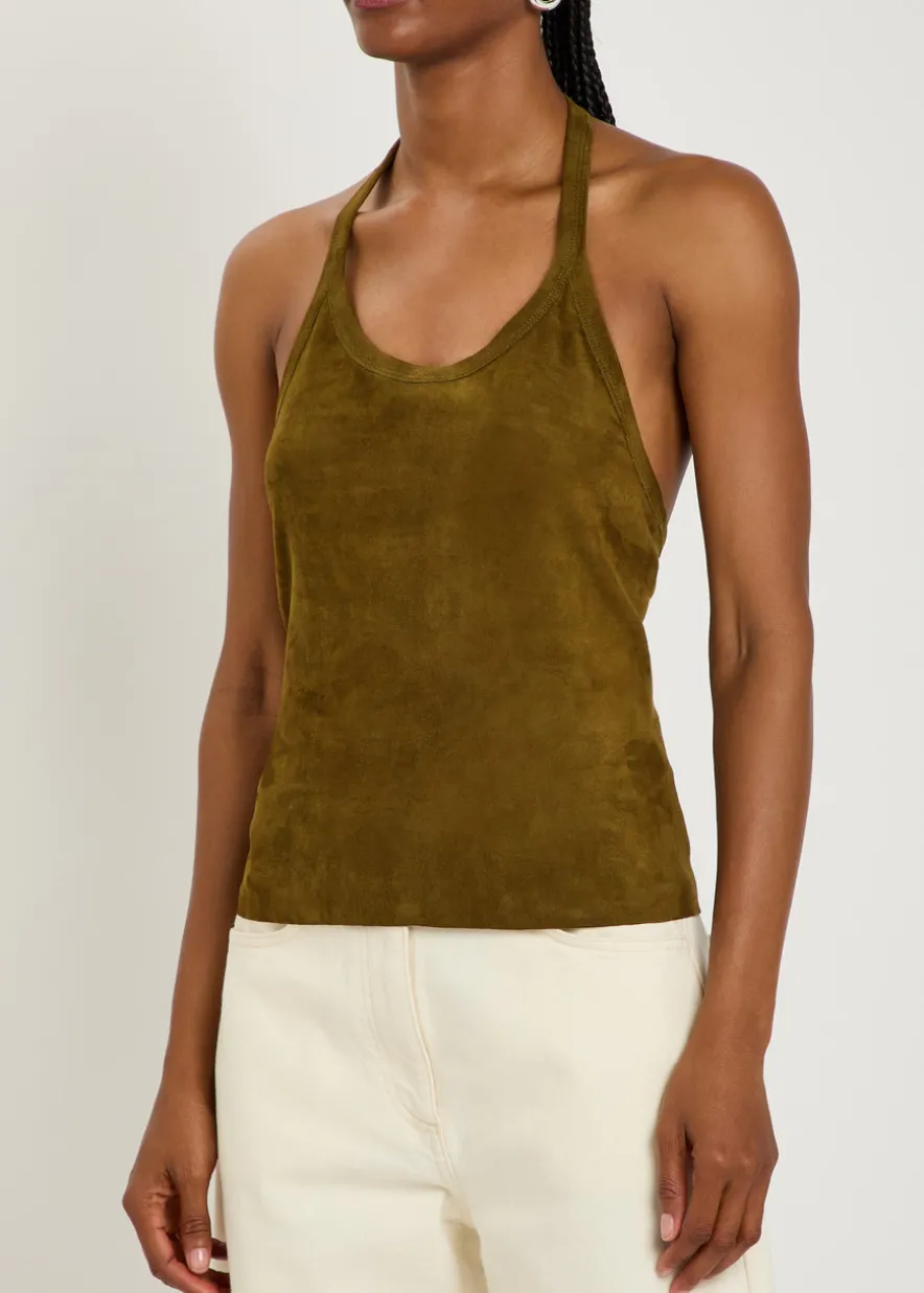 Cherry halterneck stretch-suede top