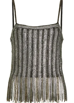 Chi embellished fringed stretch-mesh top