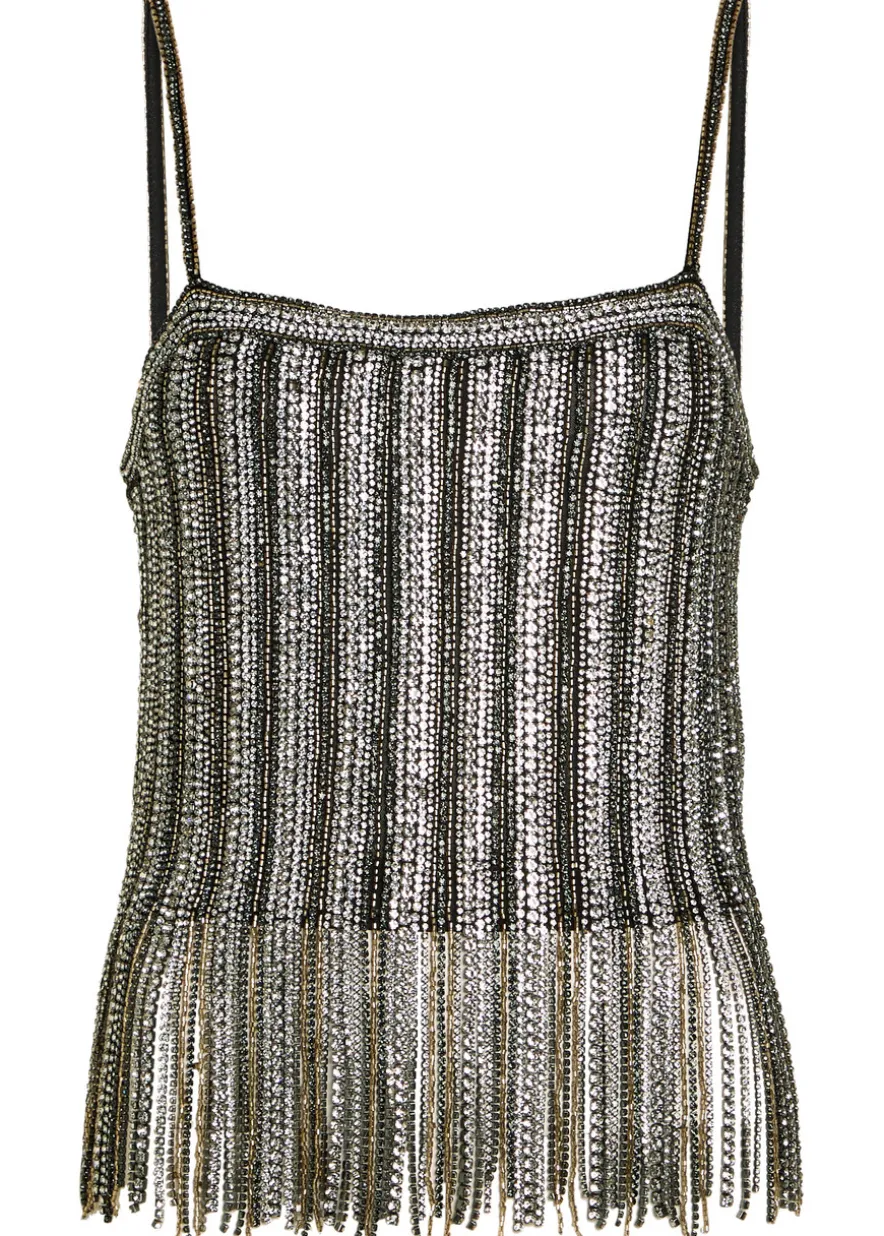 Chi embellished fringed stretch-mesh top