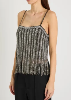 Chi embellished fringed stretch-mesh top