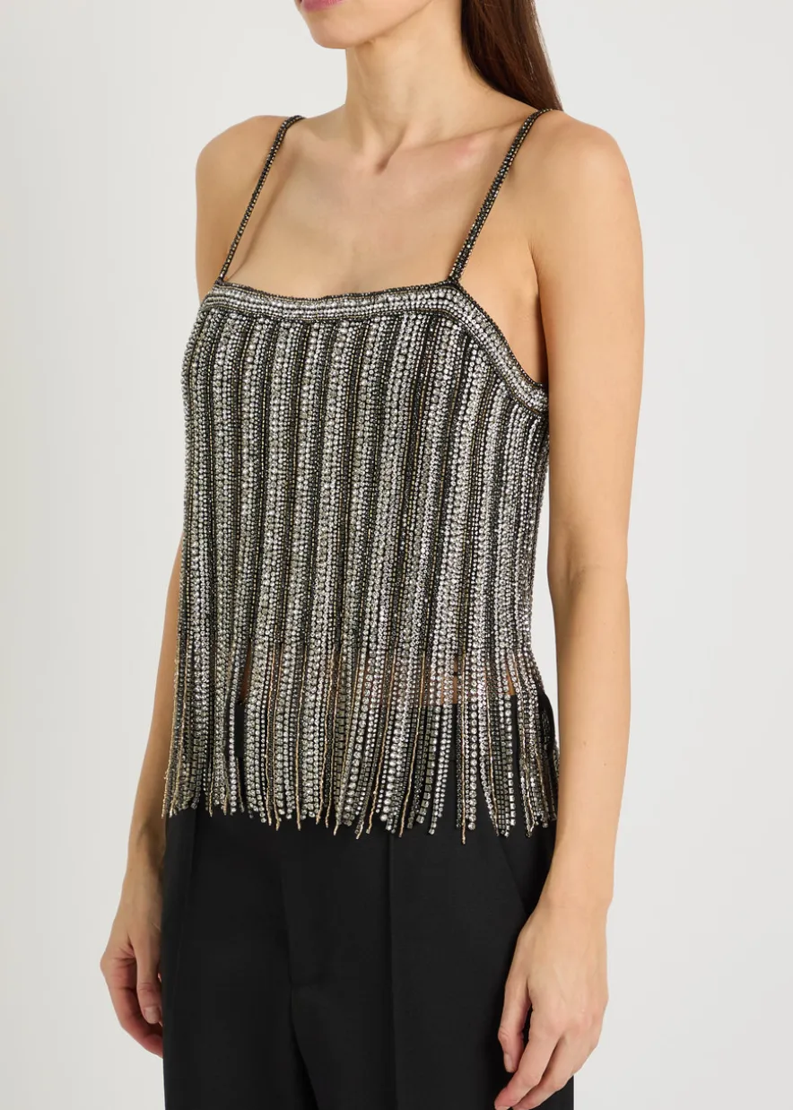 Chi embellished fringed stretch-mesh top