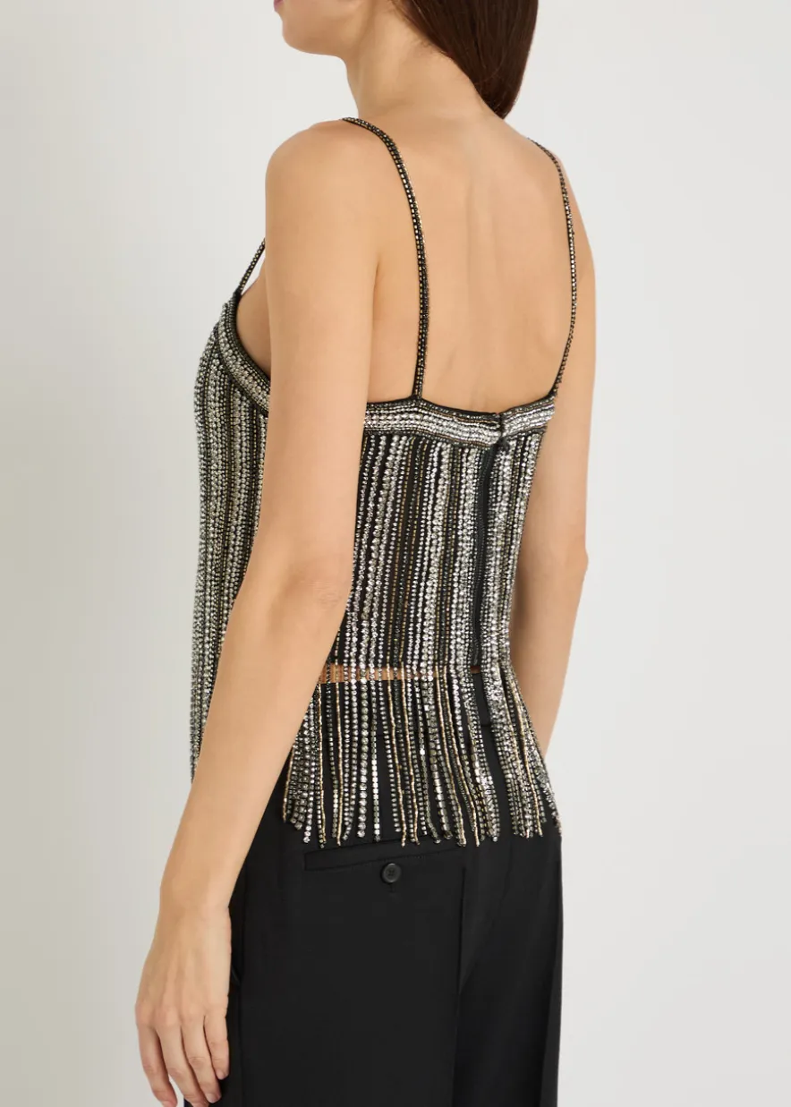 Chi embellished fringed stretch-mesh top