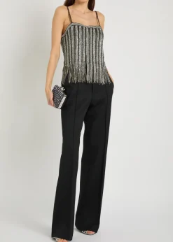 Chi embellished fringed stretch-mesh top