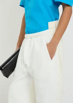 Contrasting denim and cotton straight-leg trousers