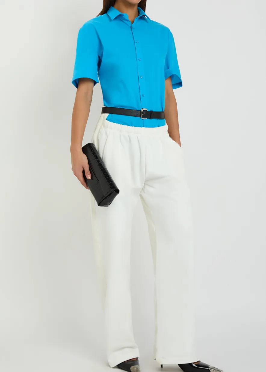 Contrasting denim and cotton straight-leg trousers