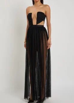 Corset-style strapless mesh gown
