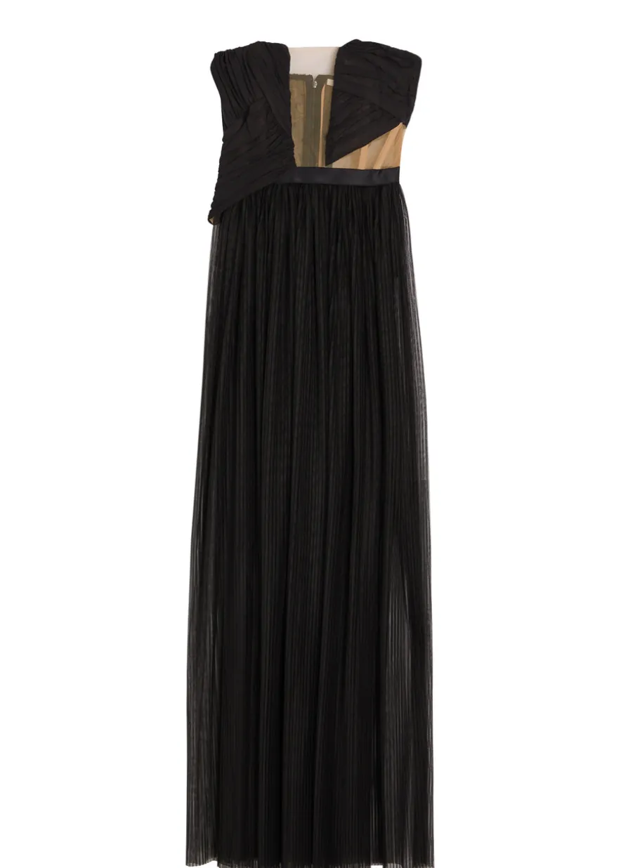 Corset-style strapless mesh gown