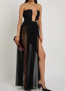 Corset-style strapless mesh gown