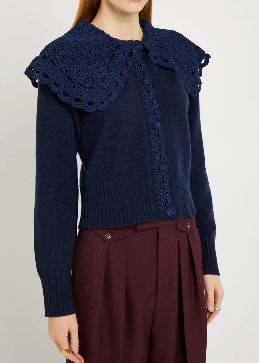 Crochet collar wool-blend cardigan