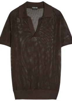 Crochet-knit sheer cotton and silk-blend polo shirt