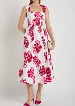 Damask floral-print stretch cotton-poplin midi dress