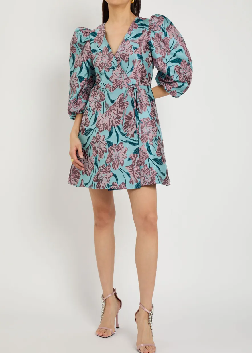 Deco Bloom floral-jacquard woven mini wrap dress