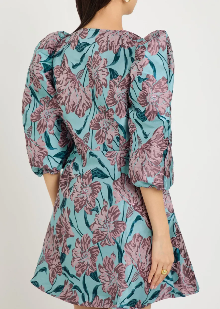 Deco Bloom floral-jacquard woven mini wrap dress