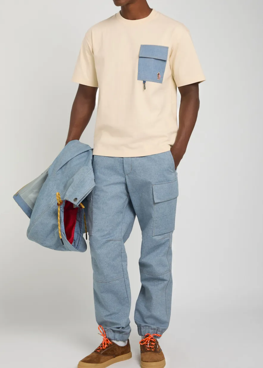 Denim-pocket logo cotton T-shirt