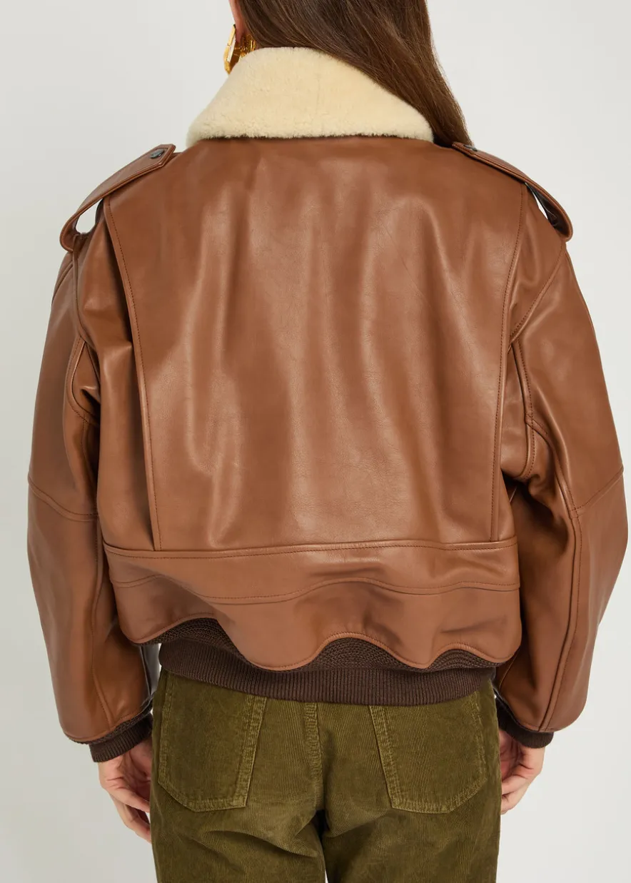 Detachable-collar shearling and leather jacket