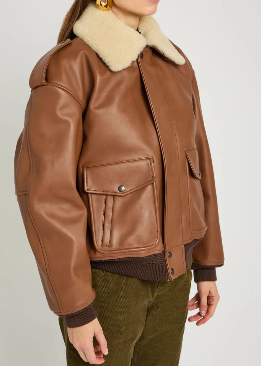 Detachable-collar shearling and leather jacket
