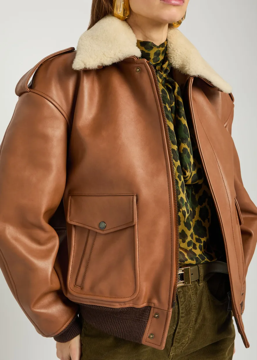 Detachable-collar shearling and leather jacket