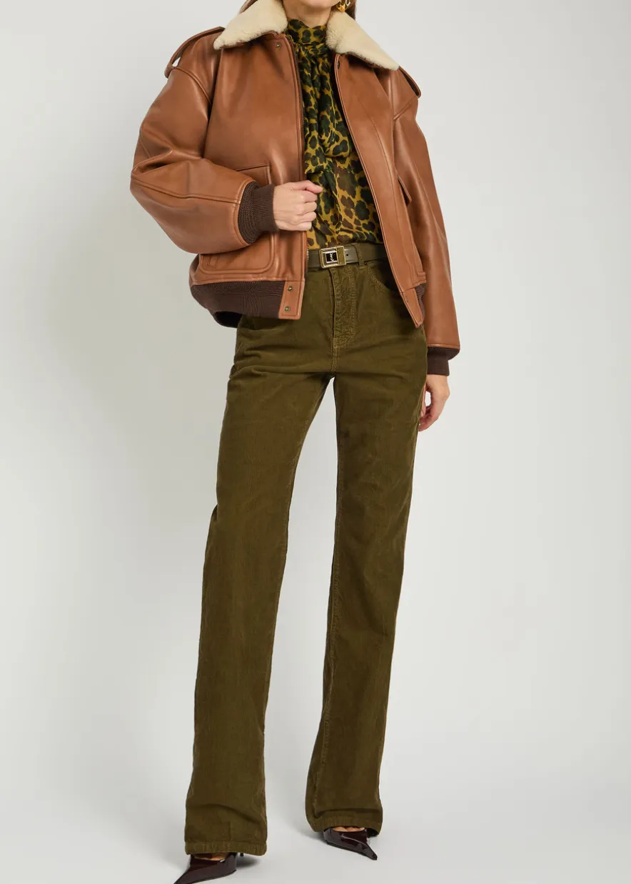 Detachable-collar shearling and leather jacket
