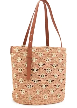 Disc-embellished raffia bucket tote bag