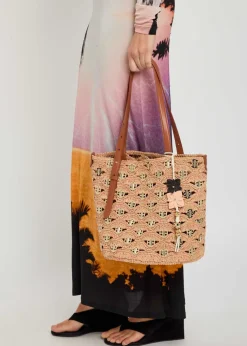Disc-embellished raffia bucket tote bag