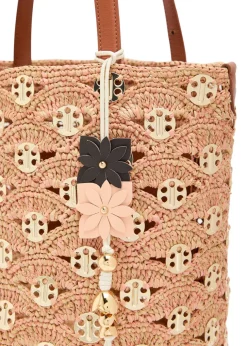 Disc-embellished raffia bucket tote bag