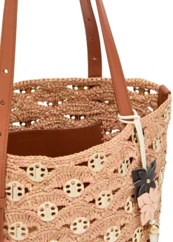 Disc-embellished raffia bucket tote bag