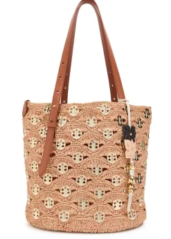 Disc-embellished raffia bucket tote bag